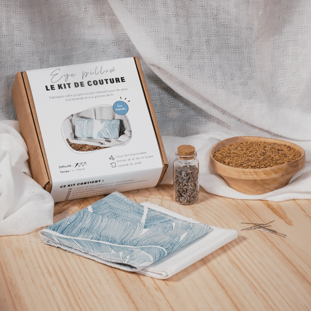 Kit de couture DIY : coussin yeux relaxant aux graines de lin et lavande.
